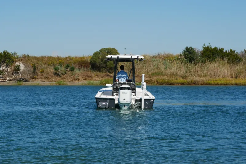 Slide: The Image of 2023 Sea Born FX24 Bay boat navigating calm waters near a grassy shoreline. - 3
