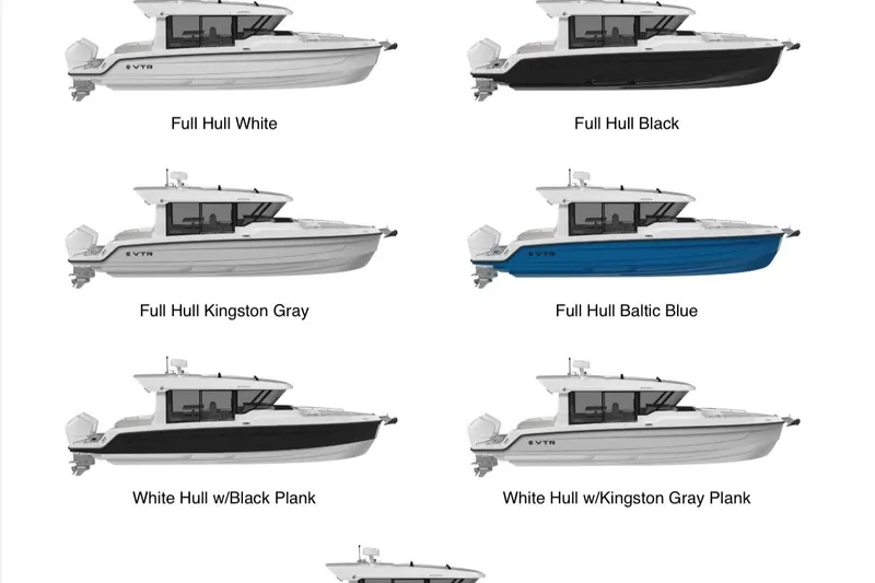 Slide: The Image of 2026 Cruisers Yachts 38 VTR color options: white, black, gray, blue, and plank variations. - 20