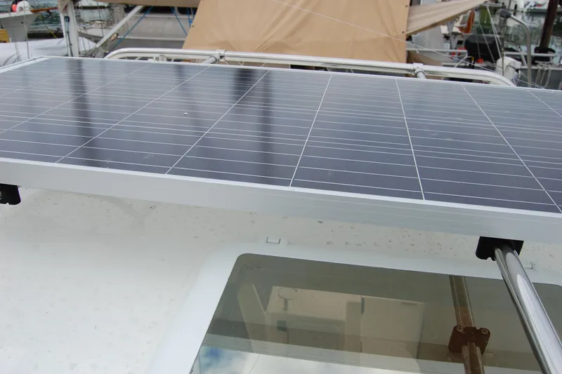 Slide: The Image of Solar panel on 2018 Ranger Tugs R29 boat roof, docked in marina. - 43