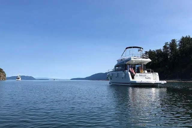 Slide: The Image of 2018 Jeanneau Velasco 37F yacht on calm water near a forested shoreline. - 20