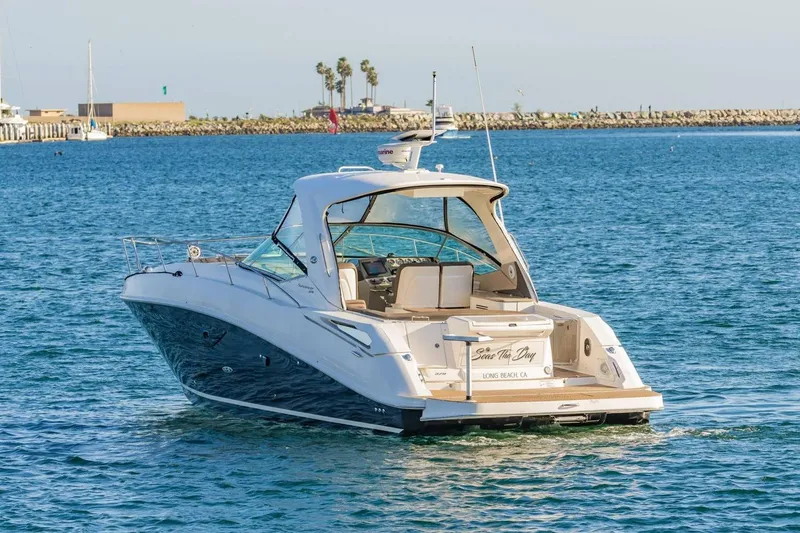 Slide: The Image of 2016 Sea Ray 370 Express Cruiser on calm waters near Long Beach, CA. - 6