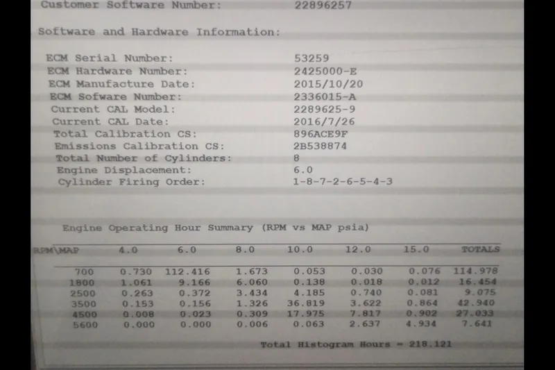 Slide: The Image of Engine data sheet for 2016 Cobalt 336, showing software, hardware, and operating hour summary. - 21