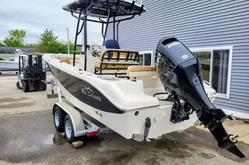 Slide: The Image of 2023 Sea Chaser 22 HFC boat on trailer with powerful outboard motor. - 3