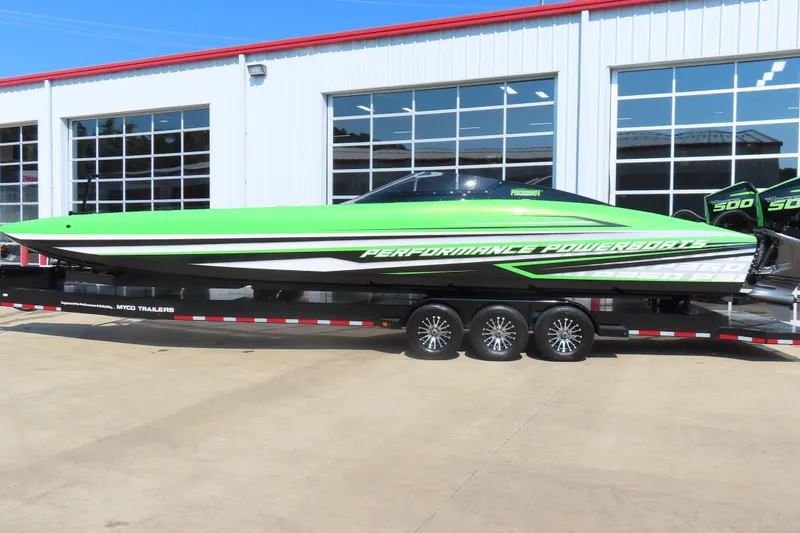 Slide: The Image of 2025 Performance Powerboats P360 in vibrant green at Performance Boat Center. - 1