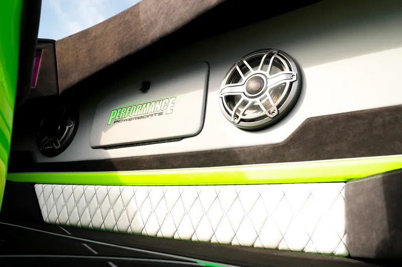 Slide: The Image of 2025 Performance Powerboats P360 interior with speakers and stylish upholstery. - 17