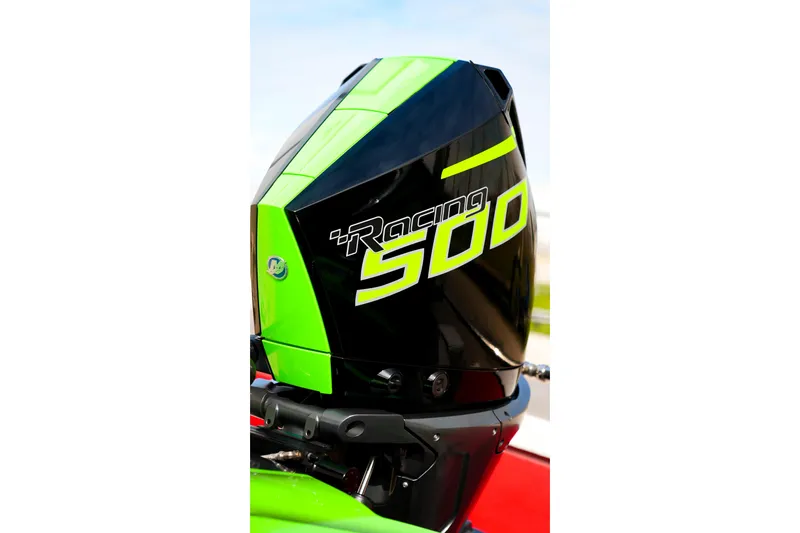 Slide: The Image of 2025 Performance Powerboats P360 with Racing 500 engine, featuring sleek green and black design. - 51