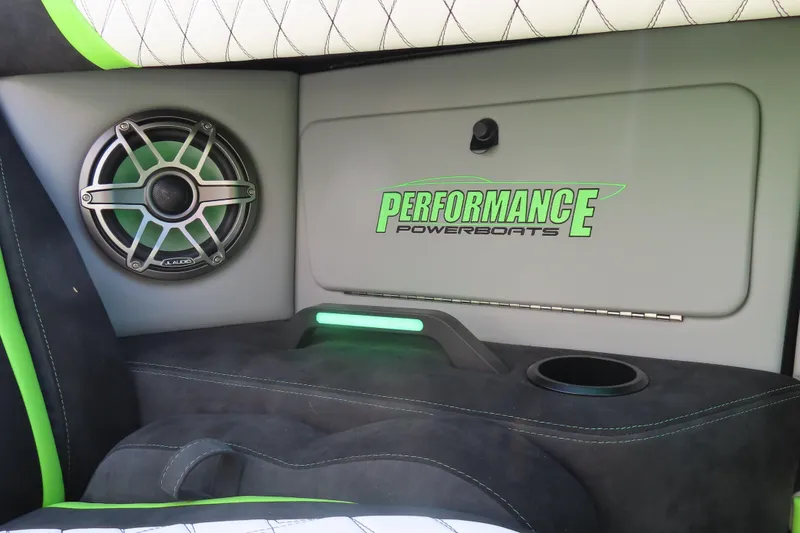 Slide: The Image of Interior of 2025 Performance Powerboats P360 with logo and speaker detail. - 8