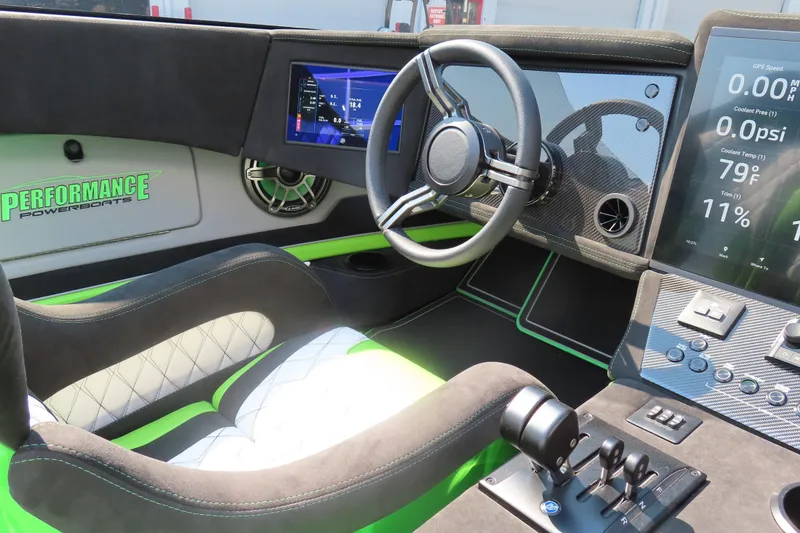 Slide: The Image of Interior of 2025 Performance Powerboats P360 with modern dashboard and steering wheel. - 9