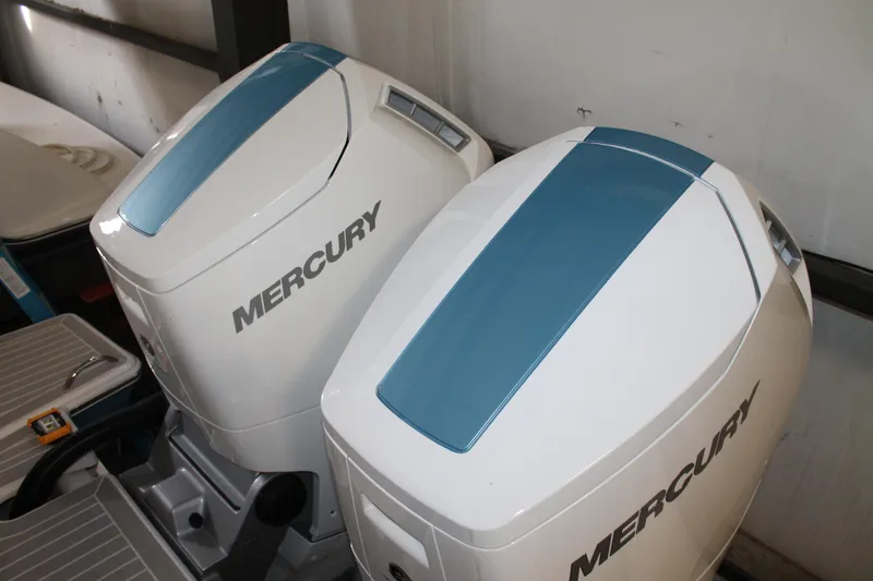 Slide: The Image of Twin Mercury outboard engines on a 2022 Tiara Yachts 43 LS boat. - 3