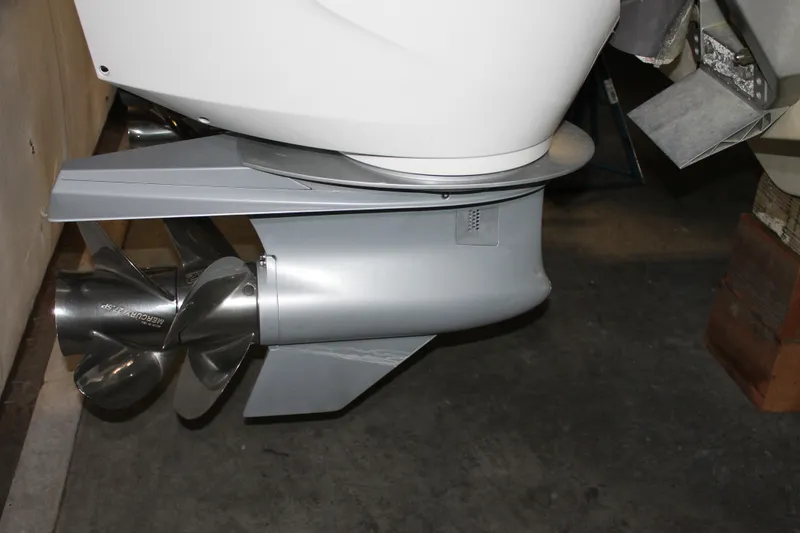 Slide: The Image of 2022 Tiara Yachts 43 LS boat propeller and outboard motor detail. - 81