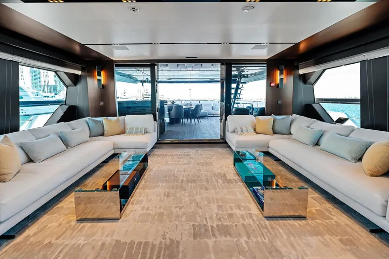 Slide: The Image of Luxurious interior of 2025 Riva 130' Bellissima yacht with elegant seating and modern decor. - 43