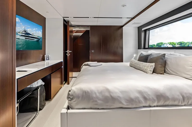 Slide: The Image of Luxurious bedroom interior on 2025 Riva 130' Bellissima yacht with modern design elements. - 79