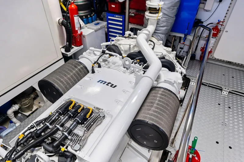 Slide: The Image of Engine room of 2025 Riva 130' Bellissima yacht featuring MTU engine components. - 94