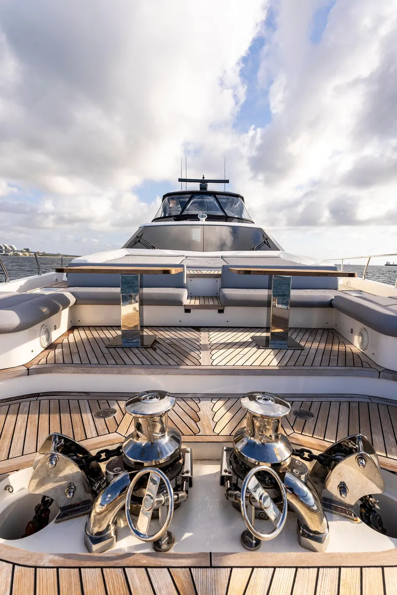 Slide: The Image of 2020 Ferretti Yachts 920, luxury deck view with polished fittings and wooden flooring. - 12
