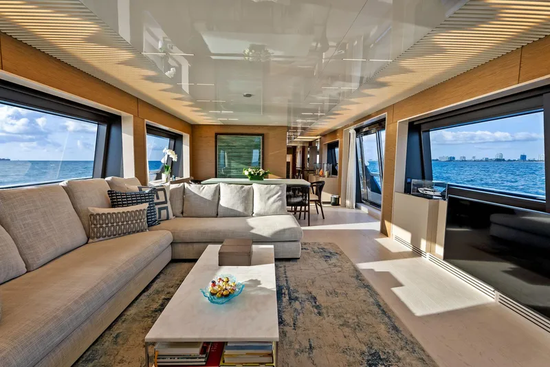 Slide: The Image of Luxurious interior of 2020 Ferretti Yachts 920 with ocean views and elegant furnishings. - 25