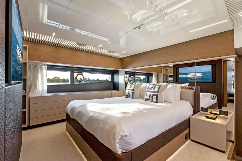 Slide: The Image of Luxurious bedroom interior on 2020 Ferretti Yachts 920, featuring modern design and large windows. - 41
