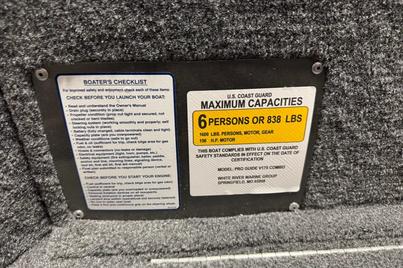 Slide: The Image of 2026 Tracker Pro Guide V-175 Combo capacity plate, 6 persons or 838 lbs, safety checklist. - 7