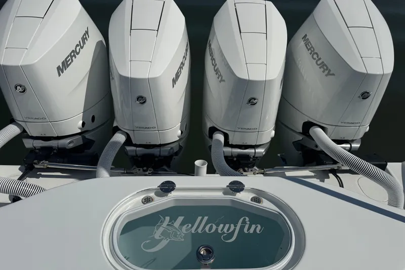Slide: The Image of 2024 Yellowfin 39 Offshore boat with four Mercury Verado engines, top view. - 21