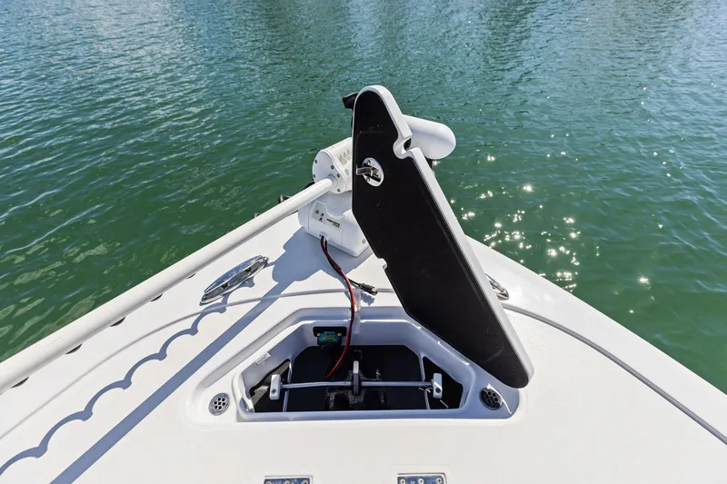 Slide: The Image of 2021 Barker Boatworks 26 Open bow with trolling motor on calm water. - 12