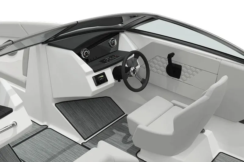 Slide: The Image of 2026 Four Winns H1 Freedom boat, sleek design, white exterior, spacious interior. - 2