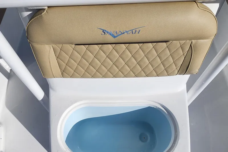 Slide: The Image of 2026 Savannah 220 IS boat seat with quilted design and integrated storage compartment. - 14