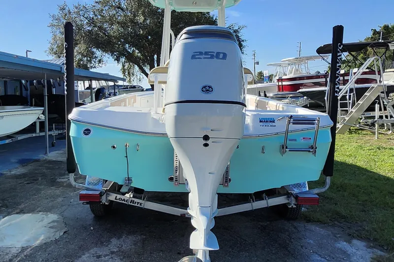 Slide: The Image of 2026 Savannah 220 IS boat with 250 HP engine on trailer, parked outdoors. - 6