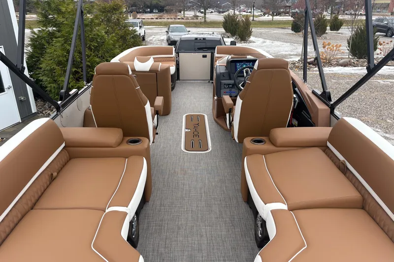 Slide: The Image of 2026 Tahoe Pontoon Cascade Quad Lounger Shift with luxurious tan seating and modern design. - 14
