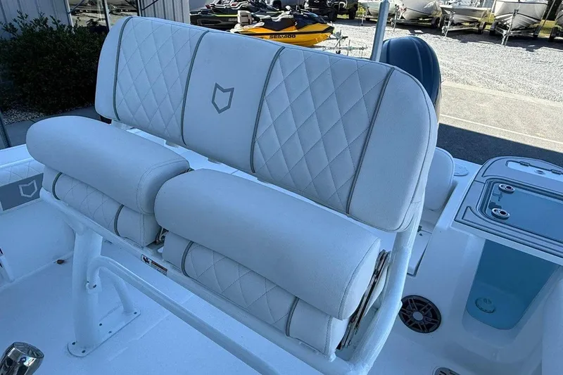 Slide: The Image of 2026 Sea Fox 228 Commander boat seating with diamond-stitched upholstery and modern design. - 14