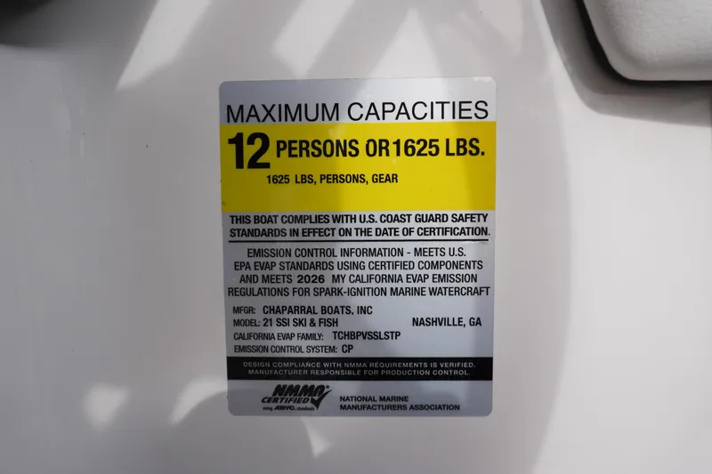 Slide: The Image of Capacity label on 2026 Chaparral 21 SSi Ski & Fish boat, max 12 persons or 1625 lbs. - 17