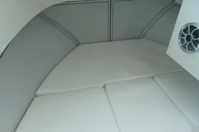 Slide: The Image of Interior cabin of 2026 Parker 227 Explorer boat with cushioned seating. - 17