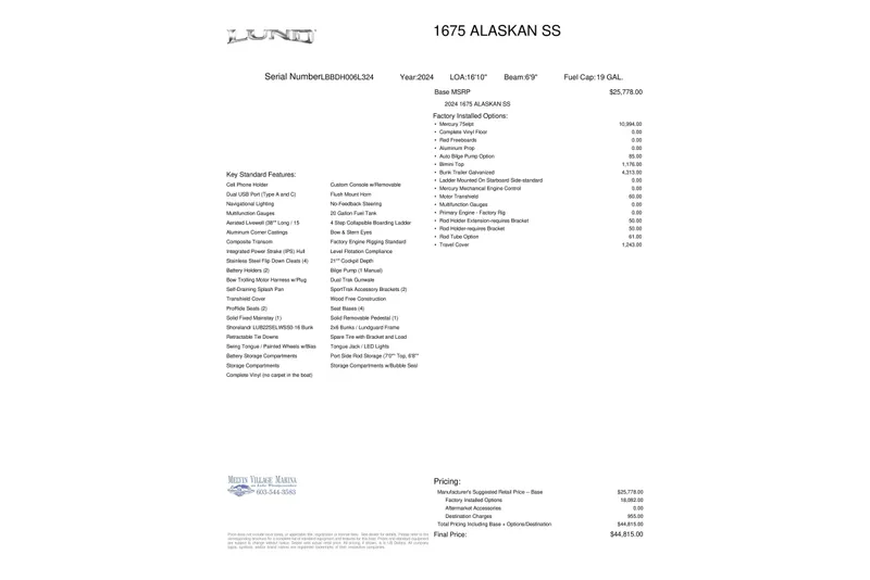 Slide: The Image of 2024 Lund 1675 Alaskan SS boat specifications and pricing details. - 13