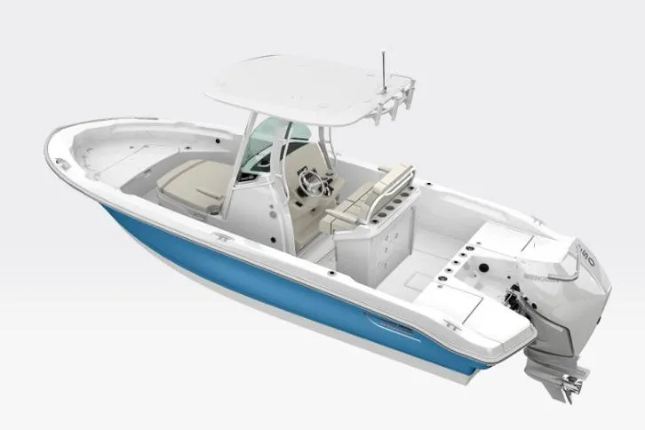 Slide: The Image of 2025 Boston Whaler 220 Dauntless boat in a garage, featuring a Mercury engine. - 2