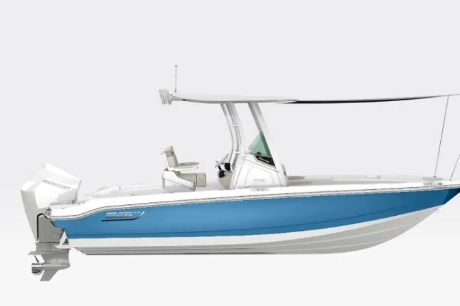 Slide: The Image of 2025 Boston Whaler 220 Dauntless boat in a garage, featuring a Mercury outboard engine. - 3