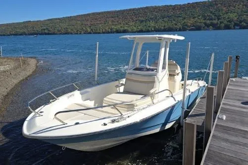 Slide: The Image of 2025 Boston Whaler 220 Dauntless boat docked by a scenic lake. - 33