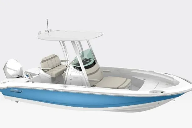 Slide: The Image of 2025 Boston Whaler 220 Dauntless with Mercury outboard engine in a garage setting. - 9