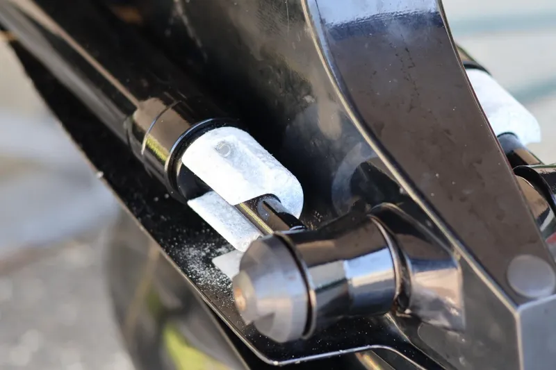 Slide: The Image of Close-up of a 2010 Monterey 254FS boat component, showcasing mechanical details. - 11