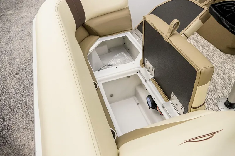 Slide: The Image of 2026 SunCatcher Select 22RC boat interior with open storage compartments. - 29