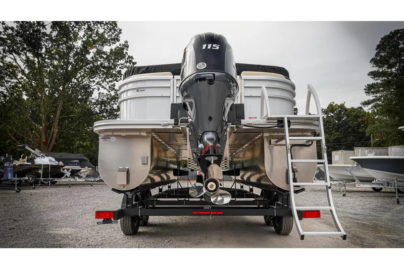 Slide: The Image of 2026 SunCatcher Select 22RC pontoon boat with powerful outboard motor and ladder. - 47