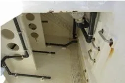 Slide: The Image of Interior view of 1979 Custom Longliner 58 boat with visible pipes and compartments. - 8