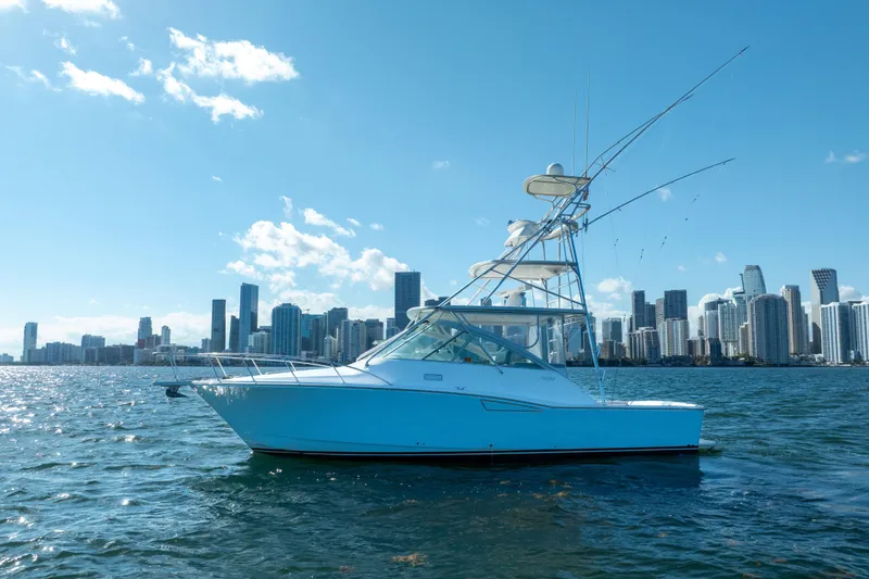Slide: The Image of 2004 Cabo 35 Express boat on water with city skyline in background. - 9