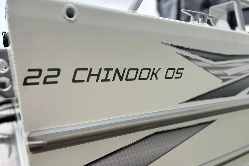 Slide: The Image of Close-up of 2026 Thunder Jet 22 Chinook OS boat model name on hull. - 5