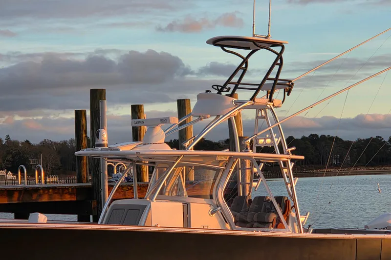 Slide: The Image of 2020 Valhalla Boatworks V-41 docked at sunset with fishing equipment. - 10