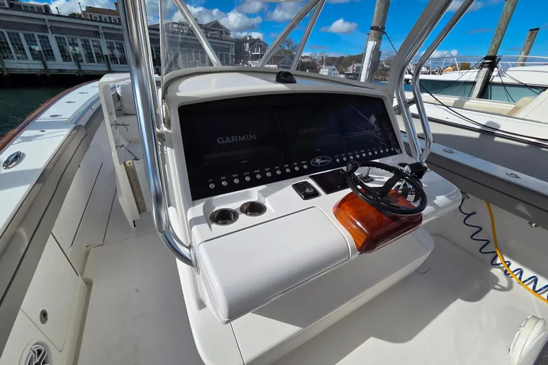 Slide: The Image of 2020 Valhalla Boatworks V-41 helm with Garmin display and steering wheel. - 8