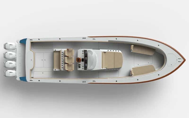 Slide: The Image of Aerial view of a 2020 Valhalla Boatworks V-41 boat with three engines. - 14
