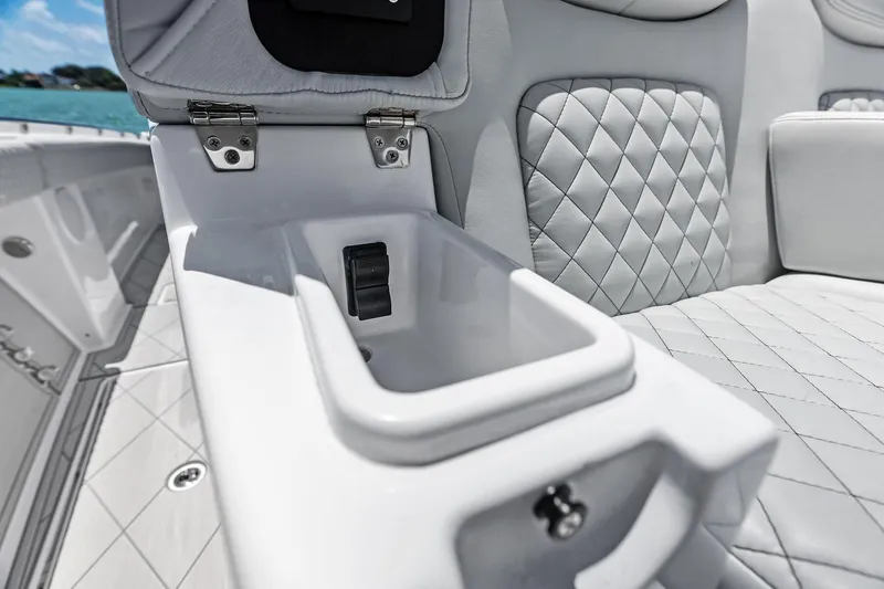 Slide: The Image of Luxurious seating detail on 2025 HCB 56 Suenos GIX boat with quilted upholstery. - 46