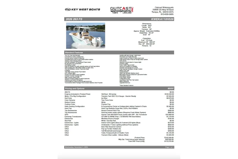 Slide: The Image of 2026 Key West 263 FS boat specifications and pricing details, featuring standard features and options. - 12