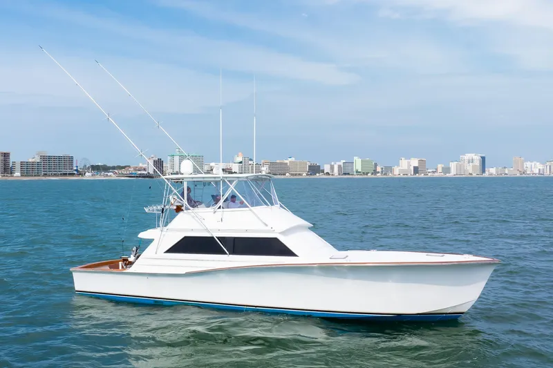 The Image of 1972 Jim Smith Custom Convertible yacht cruising near a city skyline. - 1