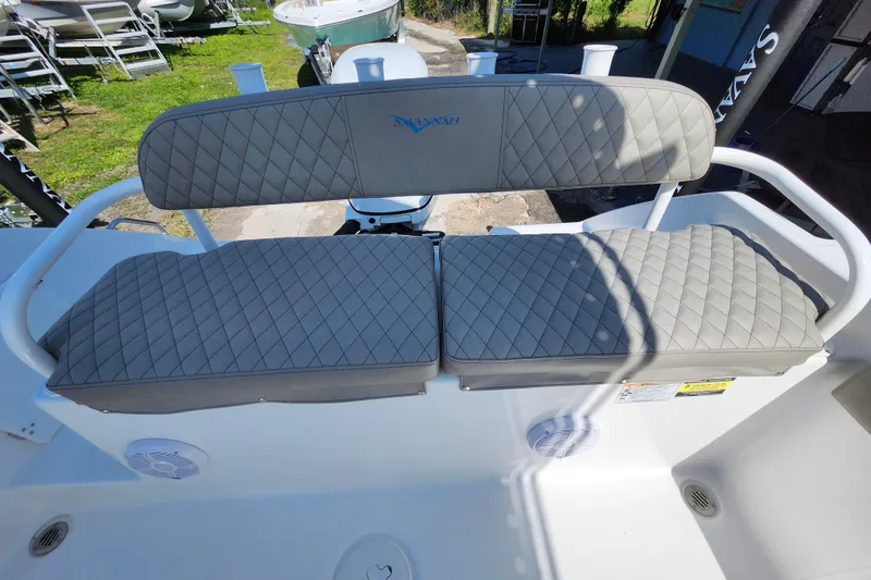 Slide: The Image of 2026 Savannah 2200 Offshore boat seat with quilted gray upholstery. - 26