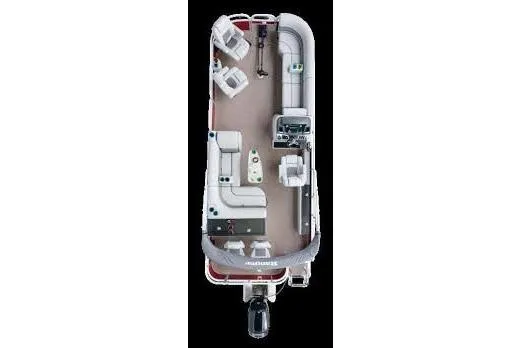 Slide: The Image of 2021 Ranger Reata 223FC pontoon boat, top view, showcasing spacious seating and modern design. - 21