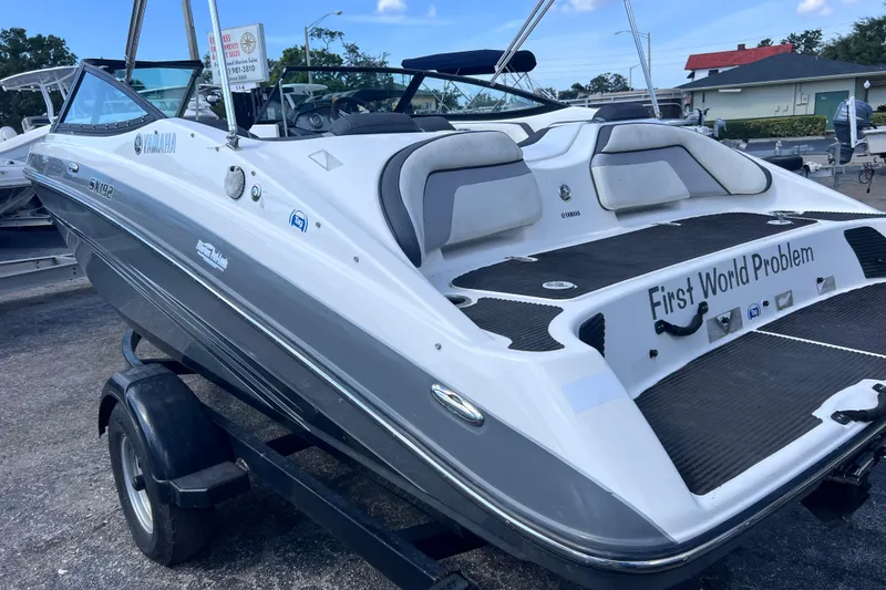 Slide: The Image of 2015 Yamaha Boats SX192 on trailer, rear view with "First World Problem" text. - 4